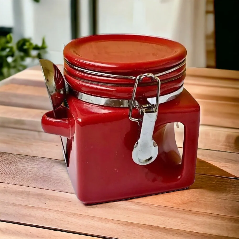 OGGI Red Ceramic Coffee Square Canister Handle & Spoon